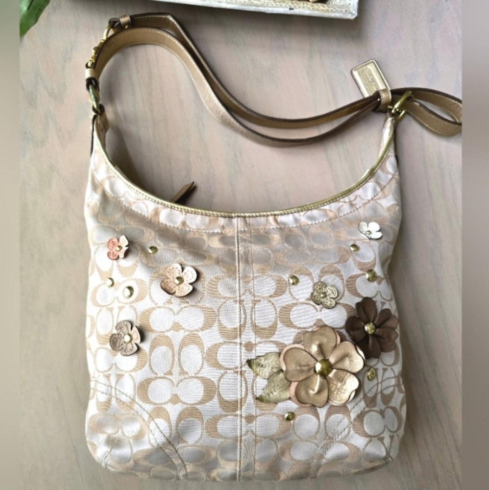 Coach Rare Signature Cream and Gold Jacquard Bag with Floral Embellishments